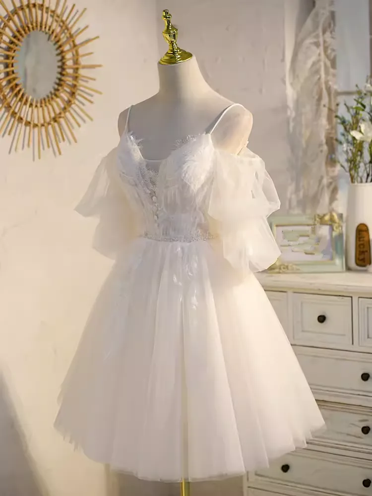 JazzHer Elegant Ball Gown Straps Tulle Party Dress White Homecoming Dresses (PRE-ORDER)