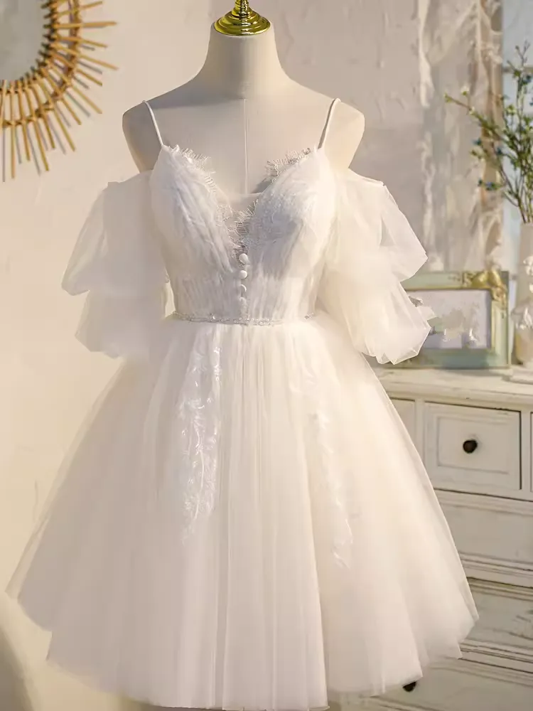 JazzHer Elegant Ball Gown Straps Tulle Party Dress White Homecoming Dresses (PRE-ORDER)
