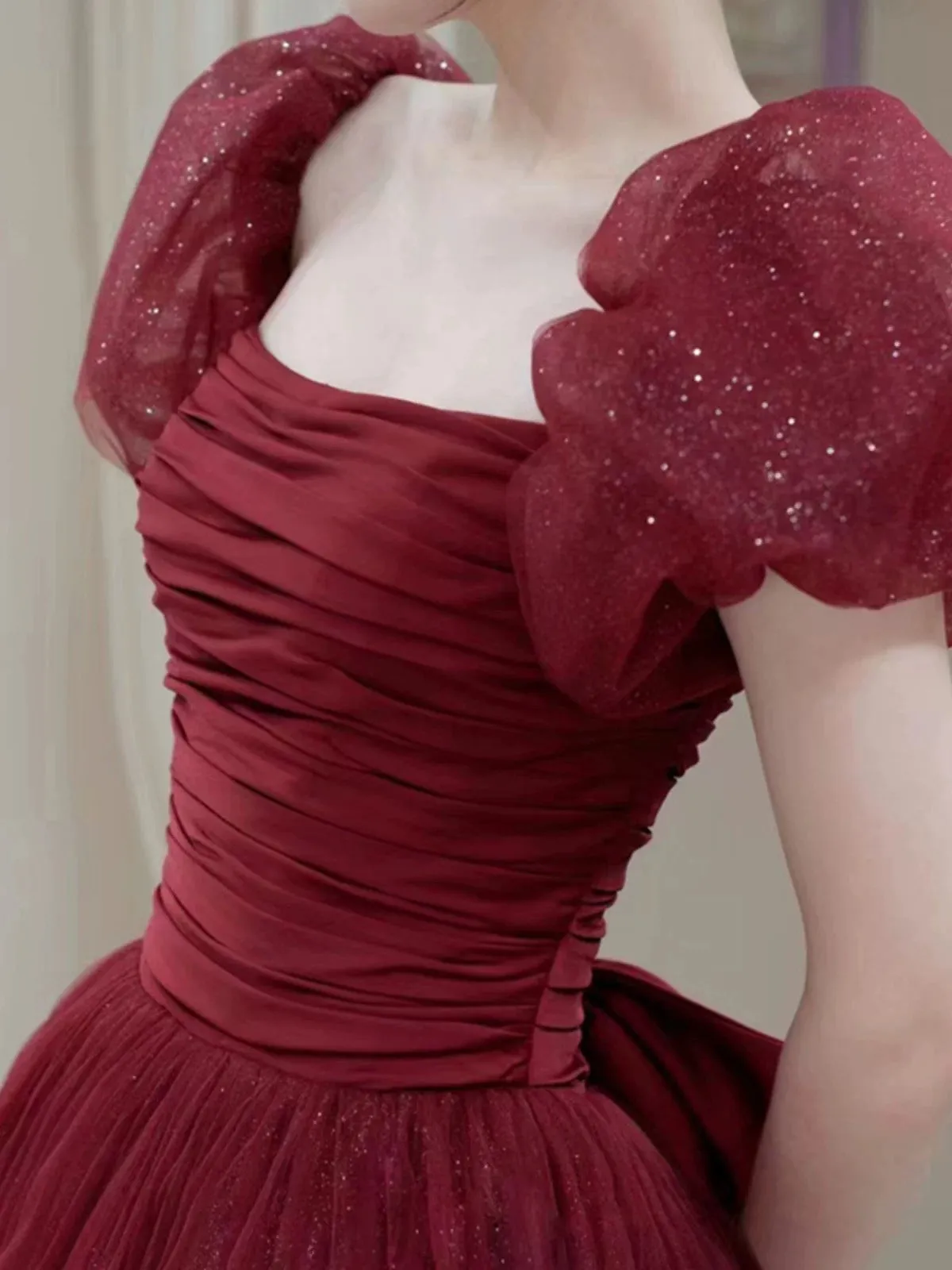 JazzHer Elegant Ball Gown Sweetheart Burgundy Short Sleeves Long Prom Dress Evening Dresses (PRE-ORDER)
