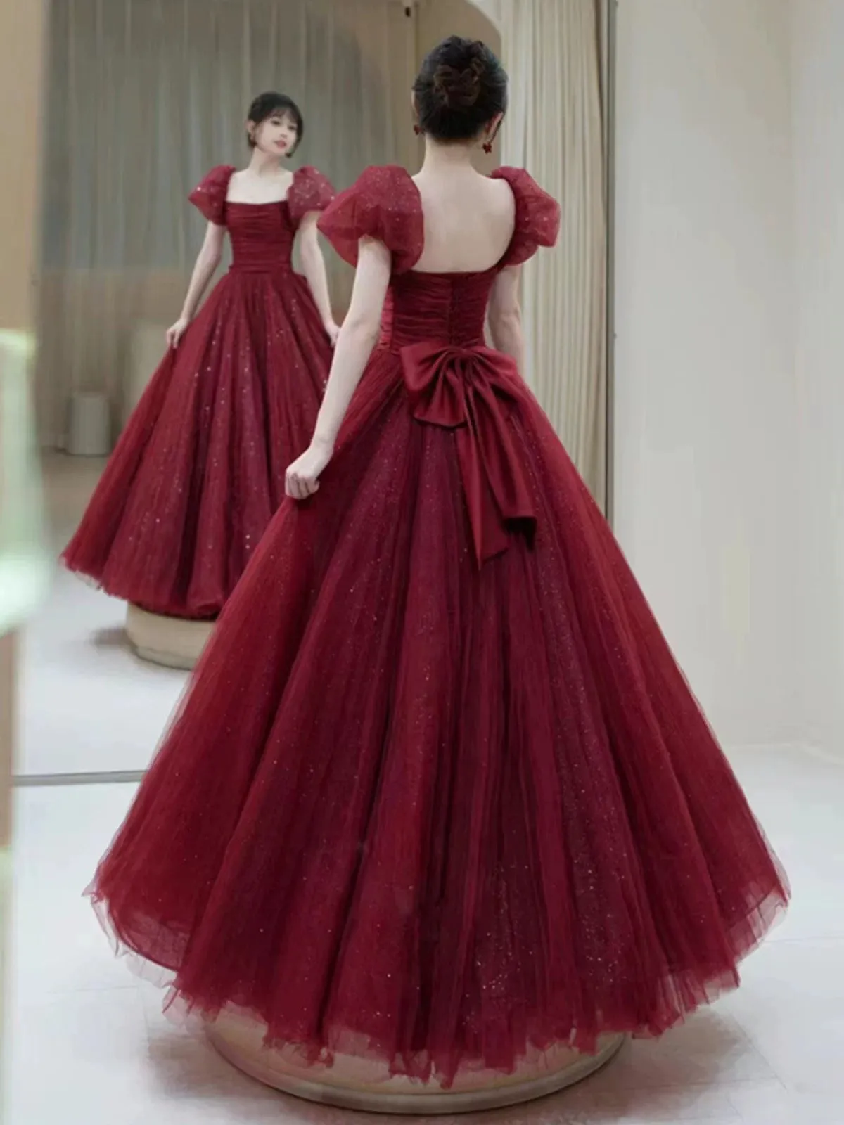 JazzHer Elegant Ball Gown Sweetheart Burgundy Short Sleeves Long Prom Dress Evening Dresses (PRE-ORDER)