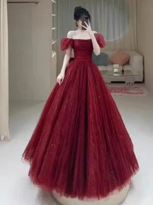 JazzHer Elegant Ball Gown Sweetheart Burgundy Short Sleeves Long Prom Dress Evening Dresses (PRE-ORDER)