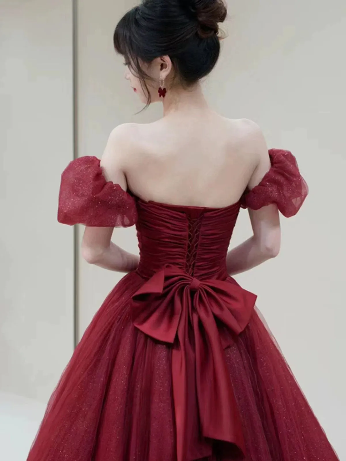 JazzHer Elegant Ball Gown Sweetheart Burgundy Short Sleeves Long Prom Dress Evening Dresses (PRE-ORDER)
