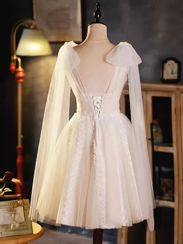 JazzHer Elegant Ball Gown V Neckline Tulle Party Dress Lace White Homecoming Dresses (PRE-ORDER)