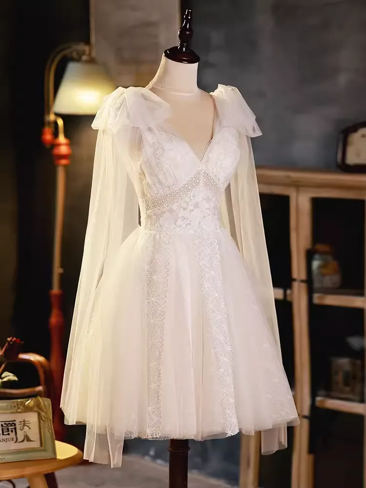 JazzHer Elegant Ball Gown V Neckline Tulle Party Dress Lace White Homecoming Dresses (PRE-ORDER)