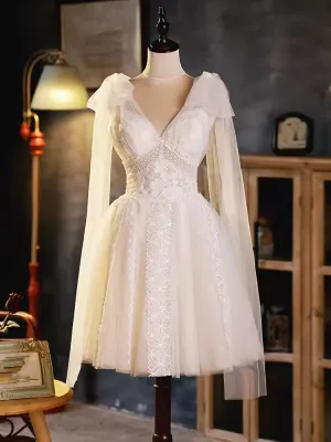 JazzHer Elegant Ball Gown V Neckline Tulle Party Dress Lace White Homecoming Dresses (PRE-ORDER)