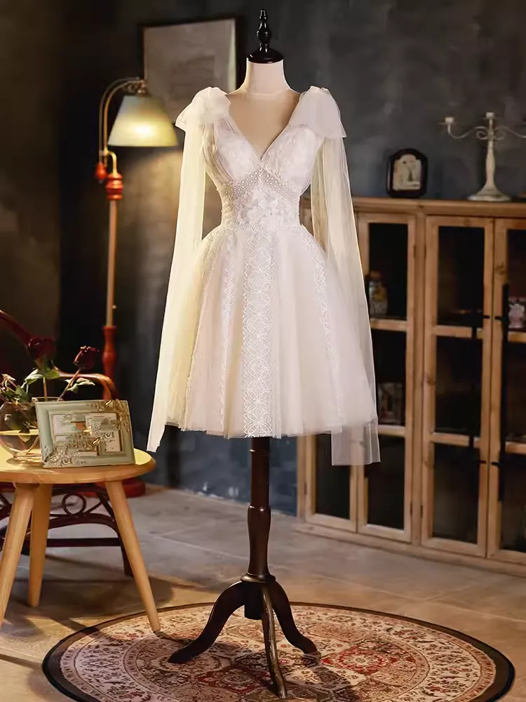 JazzHer Elegant Ball Gown V Neckline Tulle Party Dress Lace White Homecoming Dresses (PRE-ORDER)