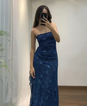 JazzHer Elegant Sheath Strapless Navy Blue Long Prom Dresses Evening Gowns (PRE-ORDER)