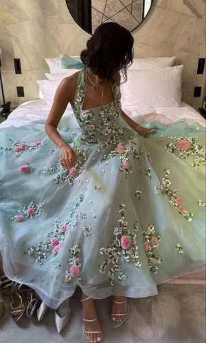JazzHer Halter Neck Flowers Embroidered Chiffon Prom Dress Green Party Dresses (PRE-ORDER)