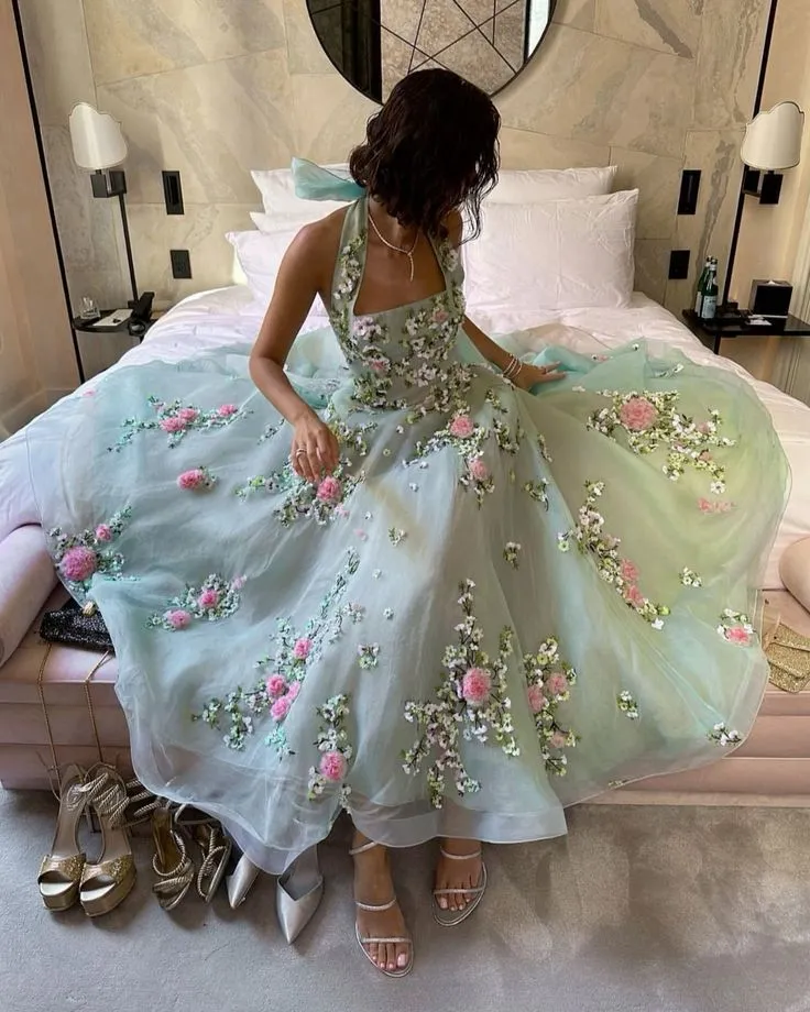 JazzHer Halter Neck Flowers Embroidered Chiffon Prom Dress Green Party Dresses (PRE-ORDER)