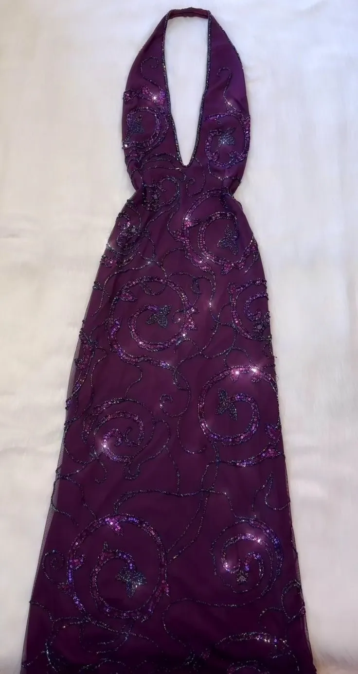 JazzHer Pretty A Line Halter Sleeveless Grape Beads Long Prom Dress Evening Dresses (PRE-ORDER)