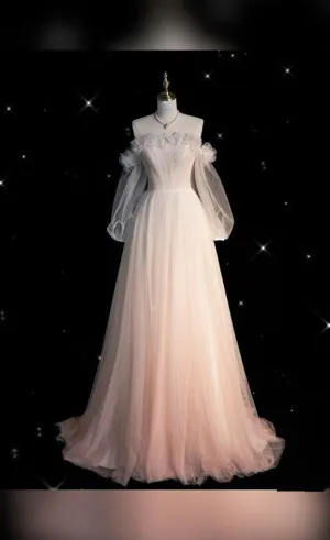 JazzHer Pretty A Line Off The Shoulder Tulle Pink Long Ruffles Evening Dress Prom Dresses (PRE-ORDER)