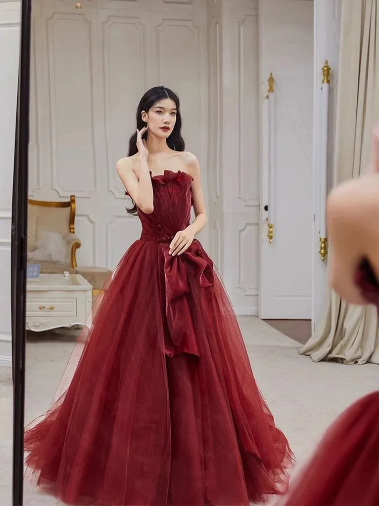 JazzHer Pretty A line Strapless Burgundy Tulle Long Prom Dresses Party Evening Dress (PRE-ORDER)
