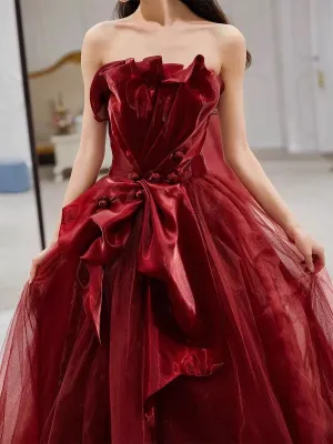 JazzHer Pretty A line Strapless Burgundy Tulle Long Prom Dresses Party Evening Dress (PRE-ORDER)