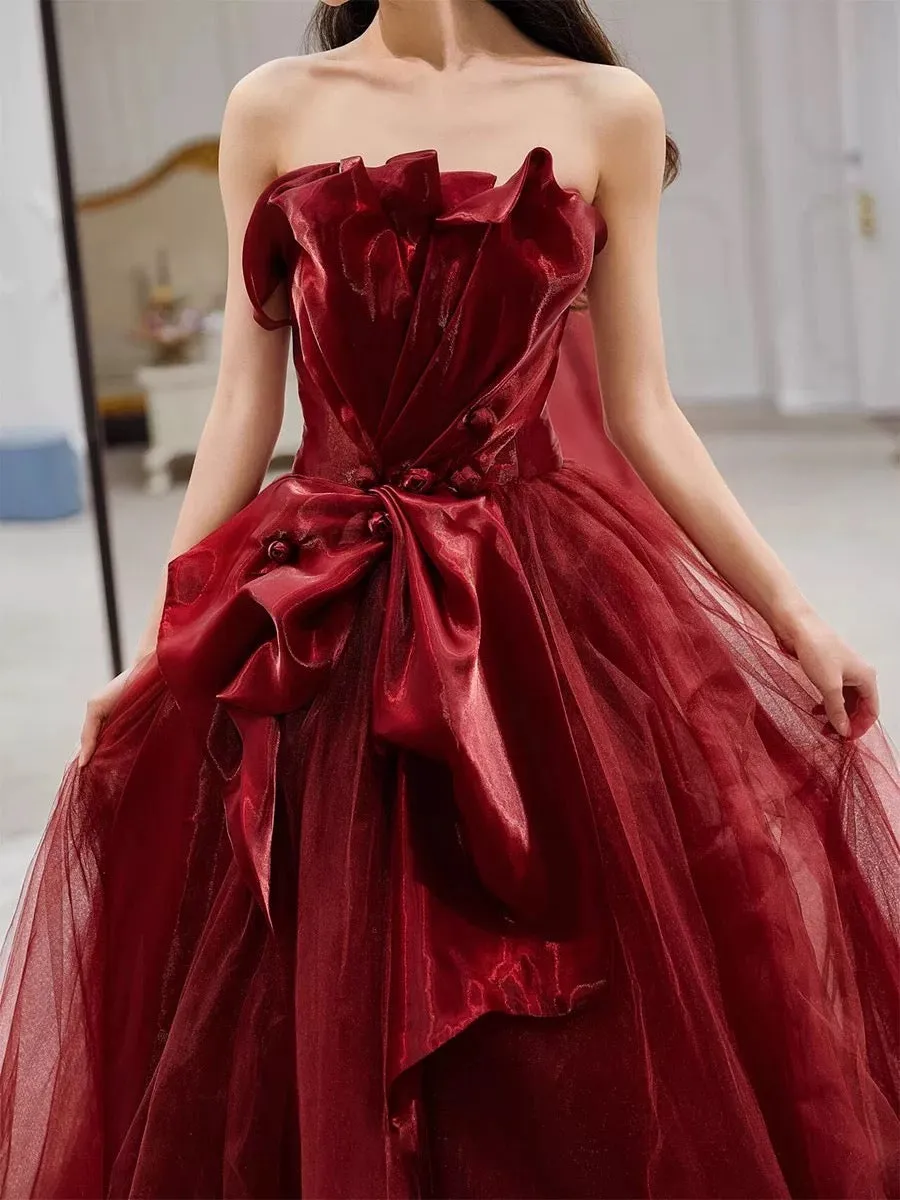 JazzHer Pretty A line Strapless Burgundy Tulle Long Prom Dresses Party Evening Dress (PRE-ORDER)