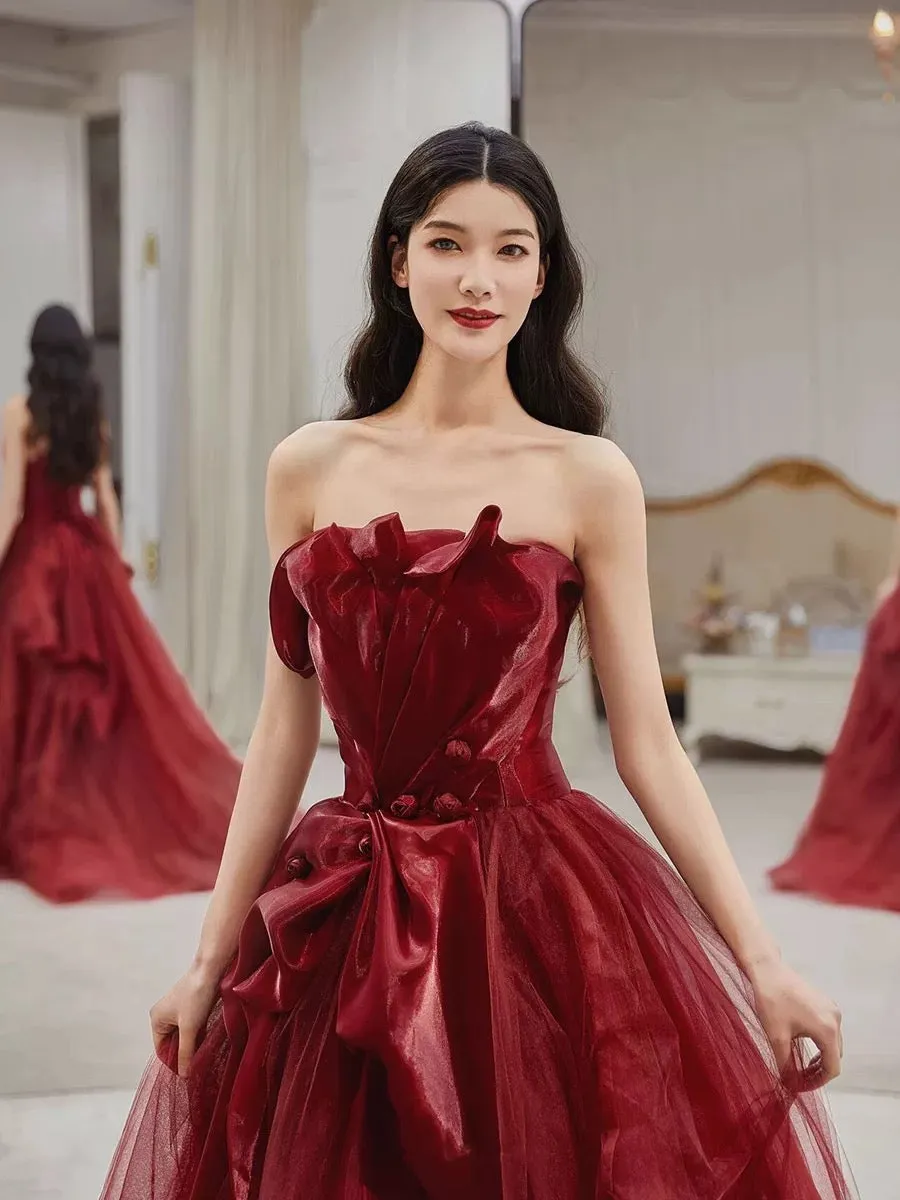 JazzHer Pretty A line Strapless Burgundy Tulle Long Prom Dresses Party Evening Dress (PRE-ORDER)