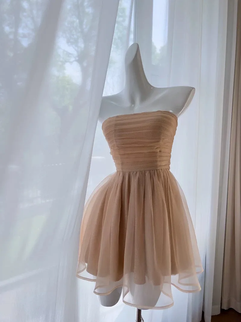JazzHer Pretty A Line Strapless Champagne Tulle Homecoming Dresses Birthday Outfits With Ruffles (PRE-ORDER)