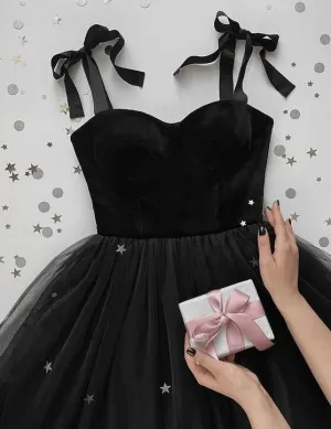 JazzHer Pretty A line Straps Velvet Black Top Tulle Prom Dress Evening Dresses (PRE-ORDER)
