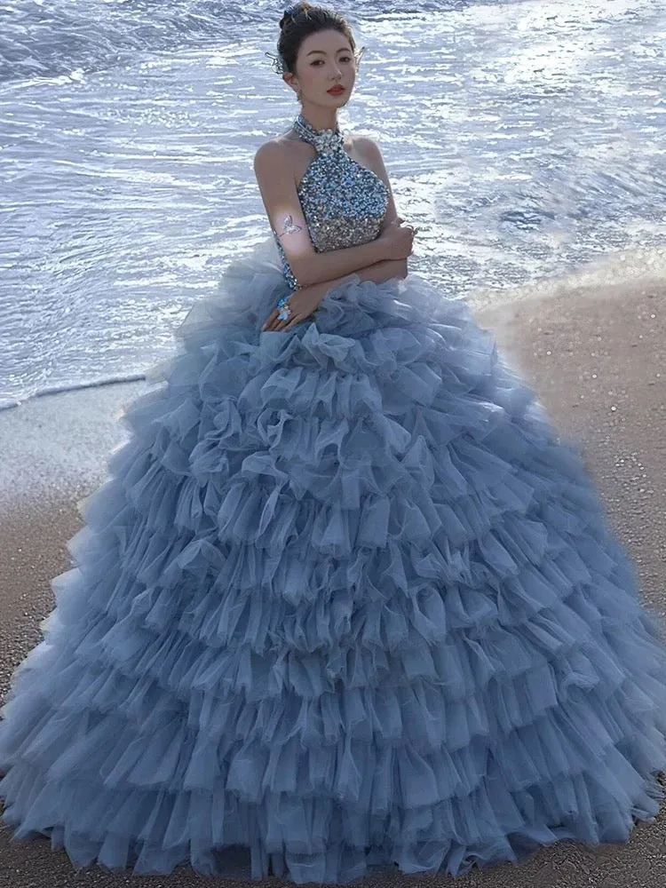 JazzHer Pretty Ball Gown High Neckline Tulle Layers Long Blue Ruffles Prom Dresses Sweet  Dresses (PRE-ORDER)