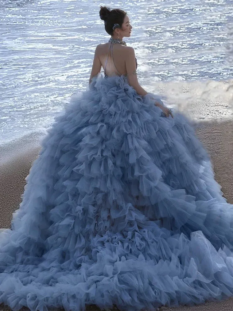 JazzHer Pretty Ball Gown High Neckline Tulle Layers Long Blue Ruffles Prom Dresses Sweet  Dresses (PRE-ORDER)