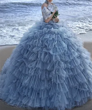 JazzHer Pretty Ball Gown High Neckline Tulle Layers Long Blue Ruffles Prom Dresses Sweet  Dresses (PRE-ORDER)