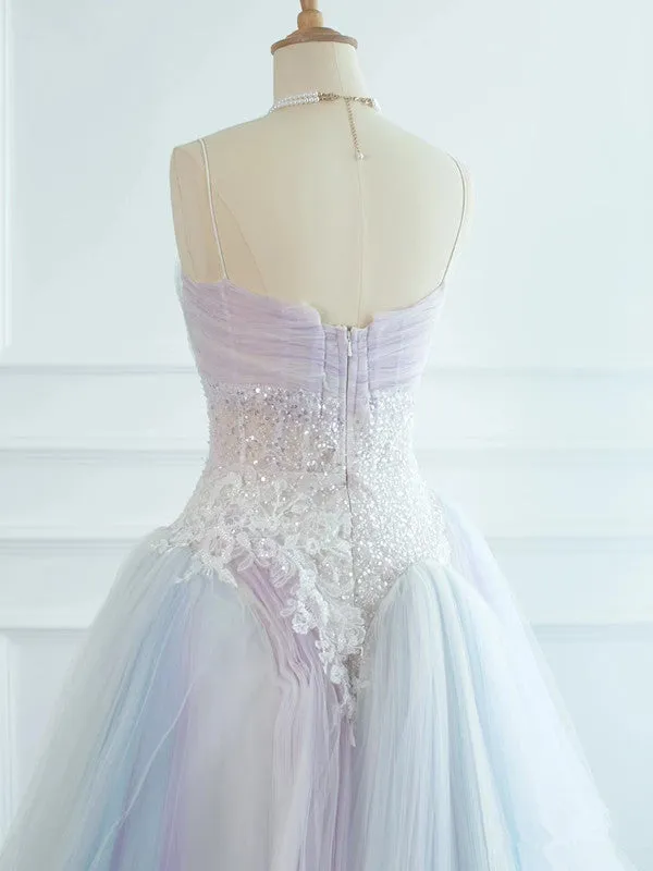 JazzHer Pretty Ball Gown Spaghetti Straps Tulle Long Prom Dresses Party Gown Evening Dress (PRE-ORDER)