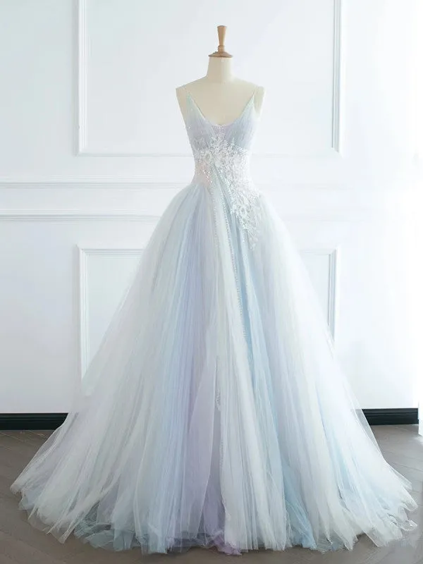 JazzHer Pretty Ball Gown Spaghetti Straps Tulle Long Prom Dresses Party Gown Evening Dress (PRE-ORDER)