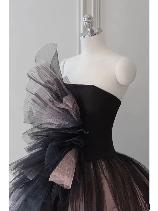 JazzHer Pretty Ball Gown Strapless Black Tulle Long Prom Dresses Party Gown Evening Dress (PRE-ORDER)