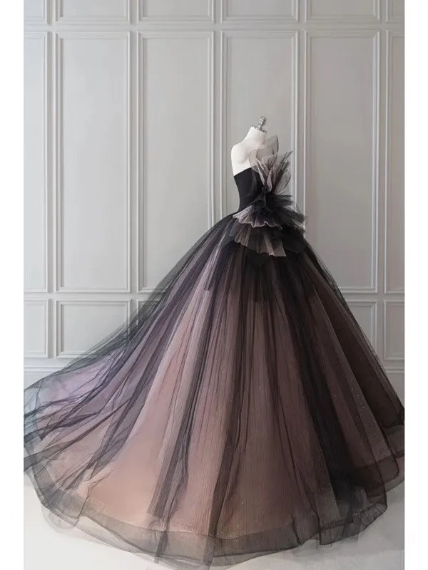 JazzHer Pretty Ball Gown Strapless Black Tulle Long Prom Dresses Party Gown Evening Dress (PRE-ORDER)