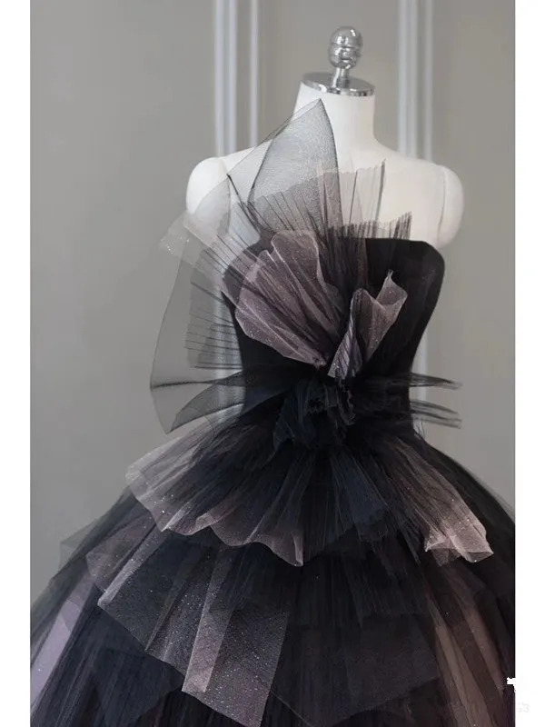 JazzHer Pretty Ball Gown Strapless Black Tulle Long Prom Dresses Party Gown Evening Dress (PRE-ORDER)