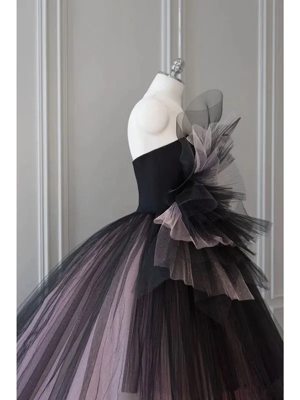 JazzHer Pretty Ball Gown Strapless Black Tulle Long Prom Dresses Party Gown Evening Dress (PRE-ORDER)