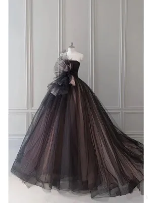JazzHer Pretty Ball Gown Strapless Black Tulle Long Prom Dresses Party Gown Evening Dress (PRE-ORDER)