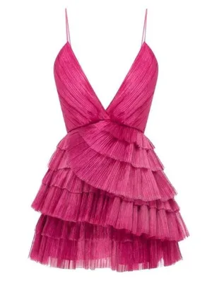 JazzHer Unique Hot Pink Pleated V-neck Homecoming Dresses With Ruffle Skirt (PRE-ORDER)