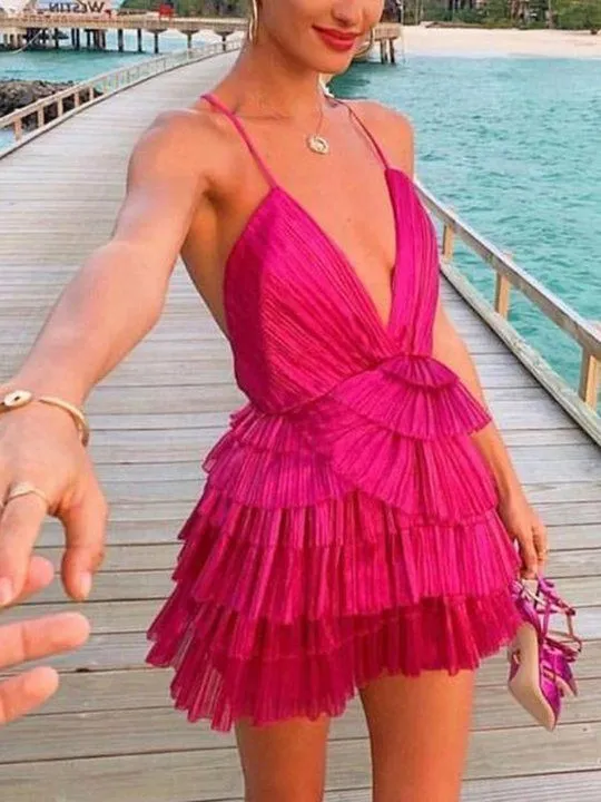 JazzHer Unique Hot Pink Pleated V-neck Homecoming Dresses With Ruffle Skirt (PRE-ORDER)