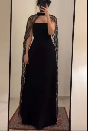 JazzHer Vintage A Line Strapless Black Tulle Long Prom Dresses With Cape Evening Dress (PRE-ORDER)