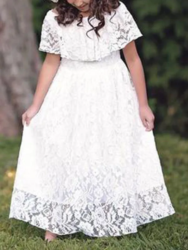 Jewel Neck Lace Short Sleeves Ankle Length A-line Pleated Pageant flower girl dresses