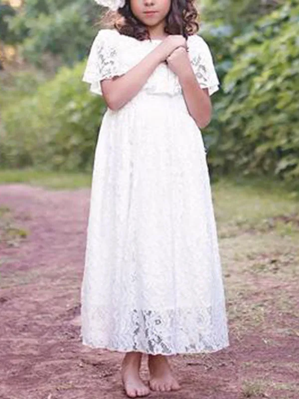 Jewel Neck Lace Short Sleeves Ankle Length A-line Pleated Pageant flower girl dresses