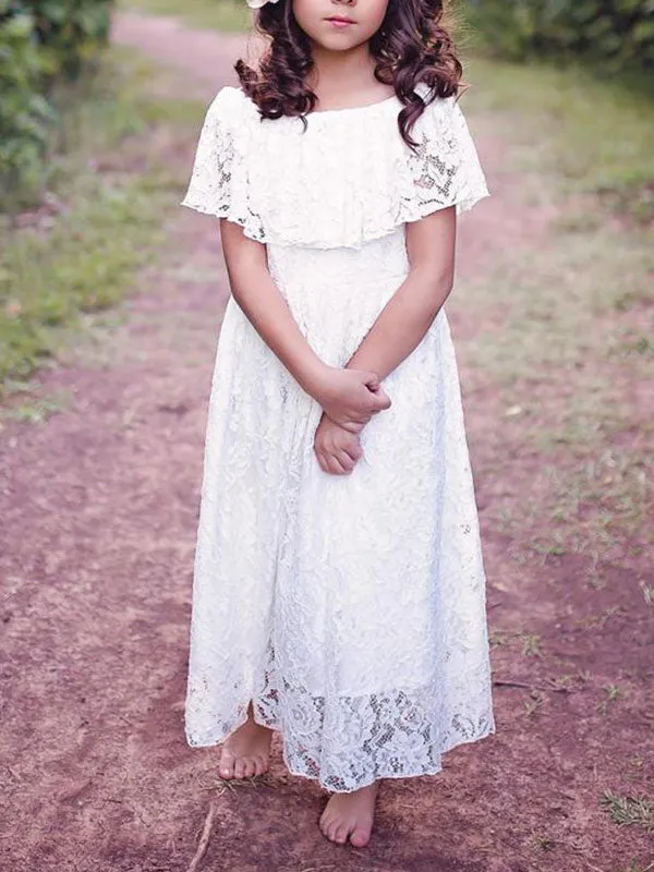 Jewel Neck Lace Short Sleeves Ankle Length A-line Pleated Pageant flower girl dresses