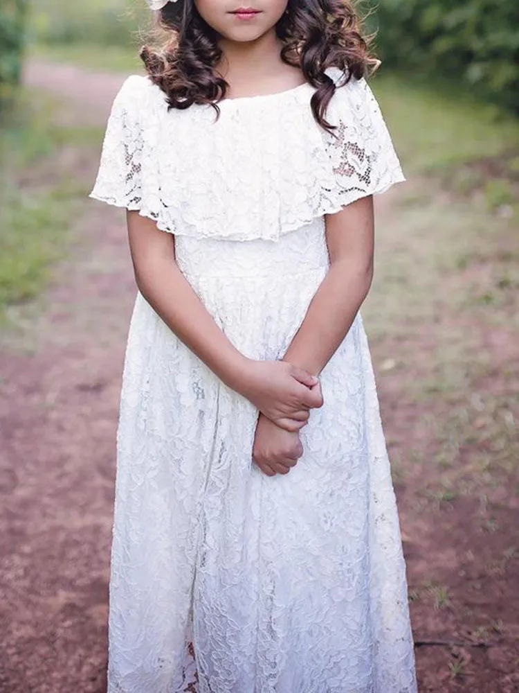 Jewel Neck Lace Short Sleeves Ankle Length A-line Pleated Pageant flower girl dresses