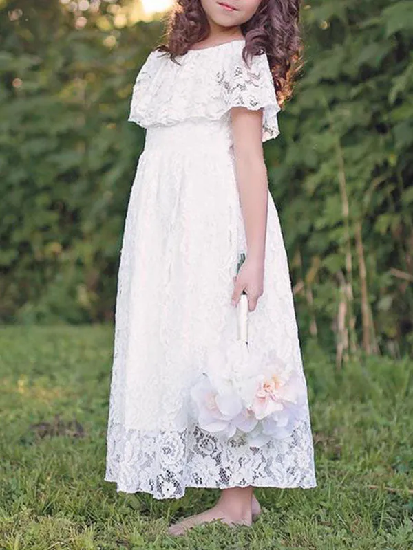 Jewel Neck Lace Short Sleeves Ankle Length A-line Pleated Pageant flower girl dresses
