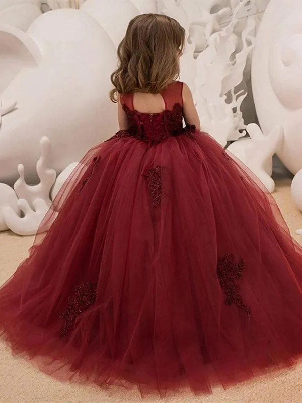 Jewel Neck Lace Sleeveless Ankle Length Ball Gown Applique Kids Pageant flower girl dresses