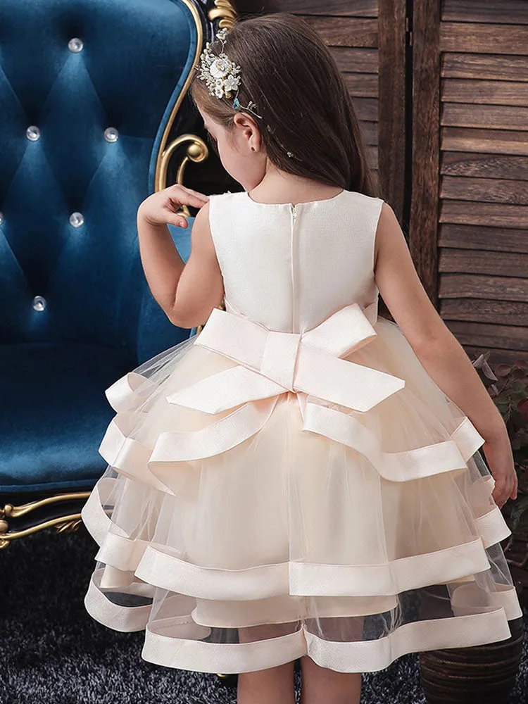 Jewel Neck Polyester Cotton Sleeveless Short Princess Bows Formal Kids Pageant Dress