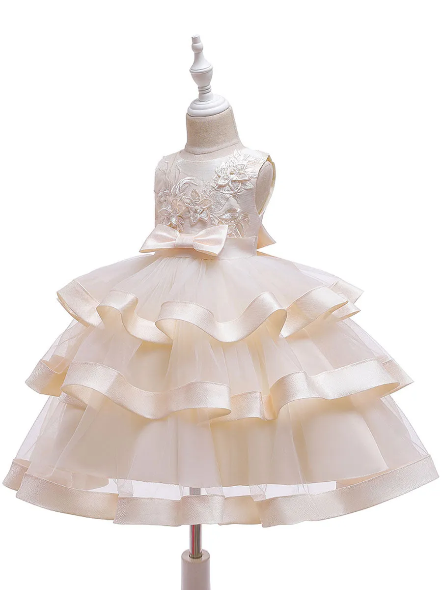 Jewel Neck Polyester Cotton Sleeveless Short Princess Bows Formal Kids Pageant Dress