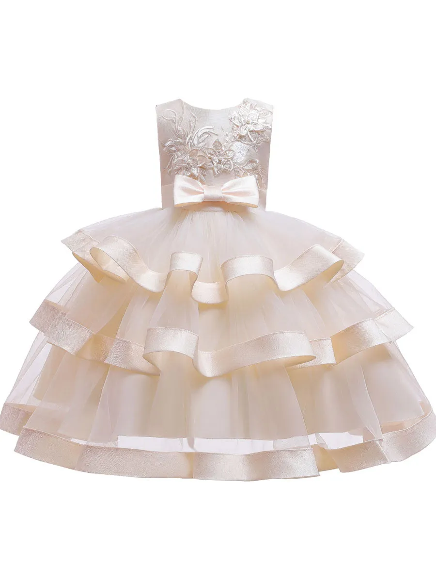 Jewel Neck Polyester Cotton Sleeveless Short Princess Bows Formal Kids Pageant Dress