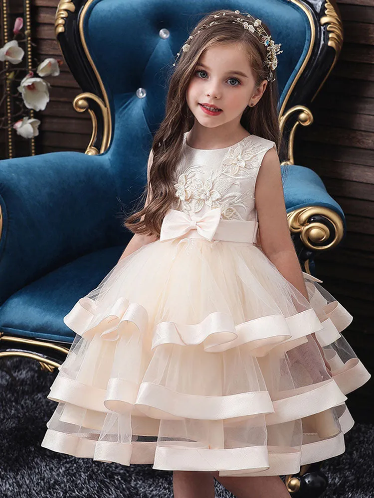 Jewel Neck Polyester Cotton Sleeveless Short Princess Bows Formal Kids Pageant Dress