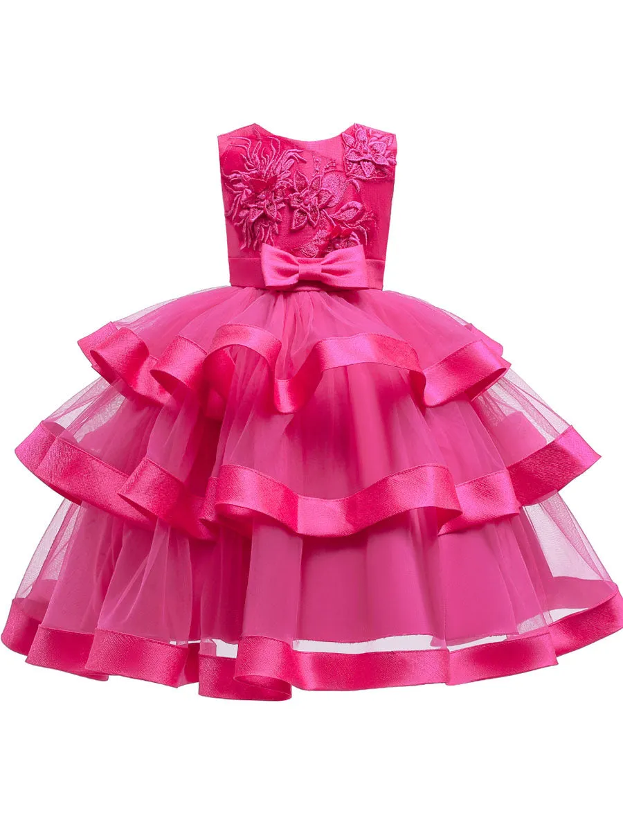 Jewel Neck Polyester Cotton Sleeveless Short Princess Bows Formal Kids Pageant Dress