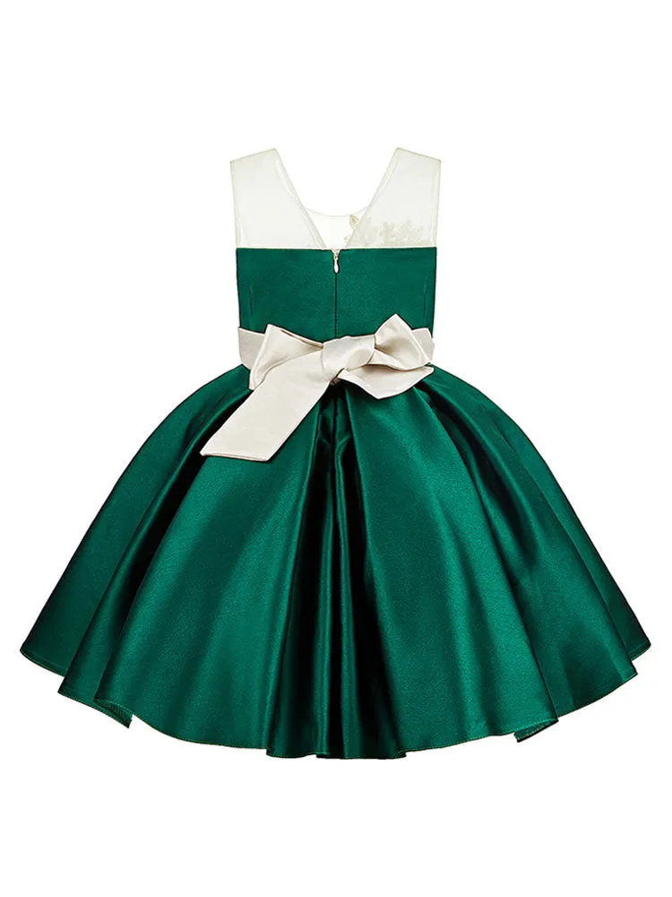 Jewel Neck Polyester Sleeveless Short Ball Gown Bows Kids Party Dresses