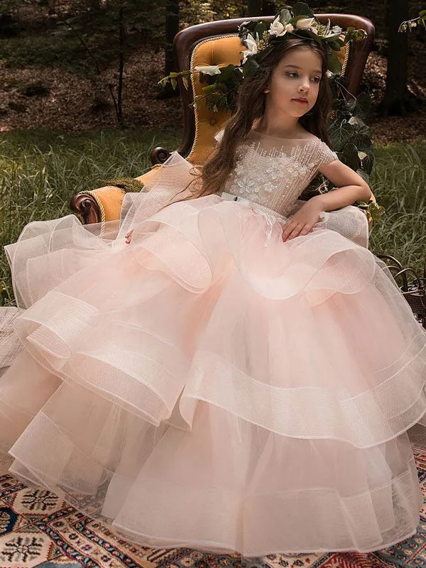 Jewel Neck Short Sleeves Applique Kids Social Pageant Dresses