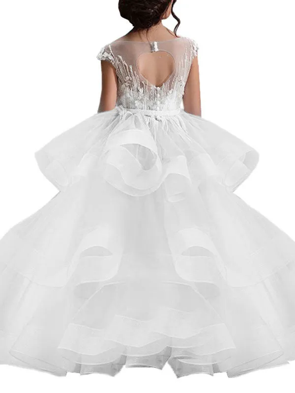 Jewel Neck Short Sleeves Applique Kids Social Pageant Dresses