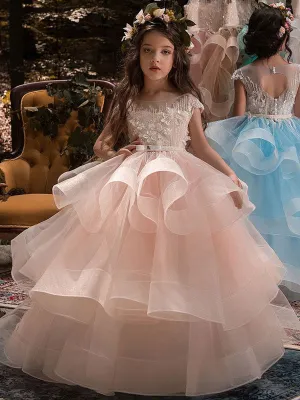 Jewel Neck Short Sleeves Applique Kids Social Pageant Dresses