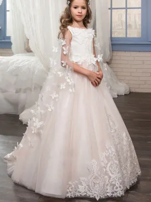 Jewel Neck Sleeveless Applique Detachable Tulle Warp Formal Kids Pageant flower girl dresses